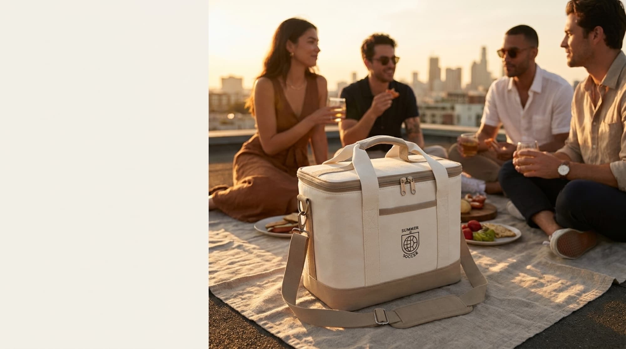 Custom branded cooler bag at a rooftop picnic