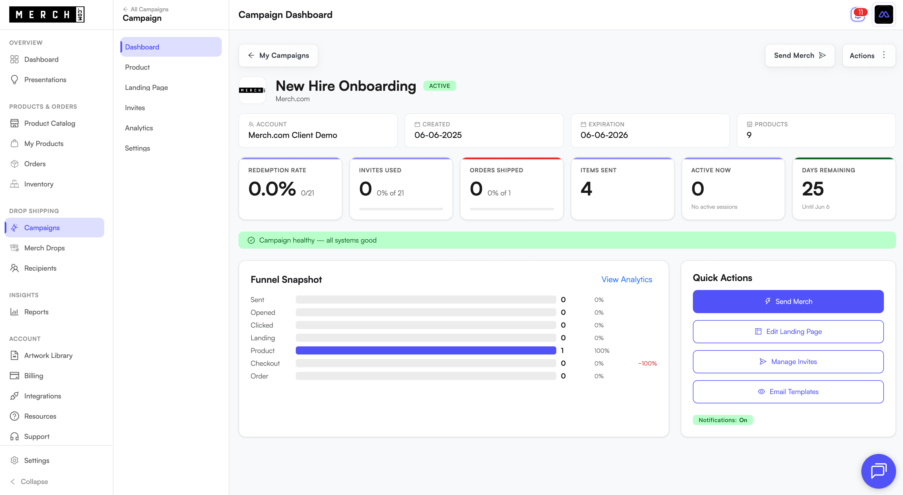 The real Merch.com campaign dashboard
